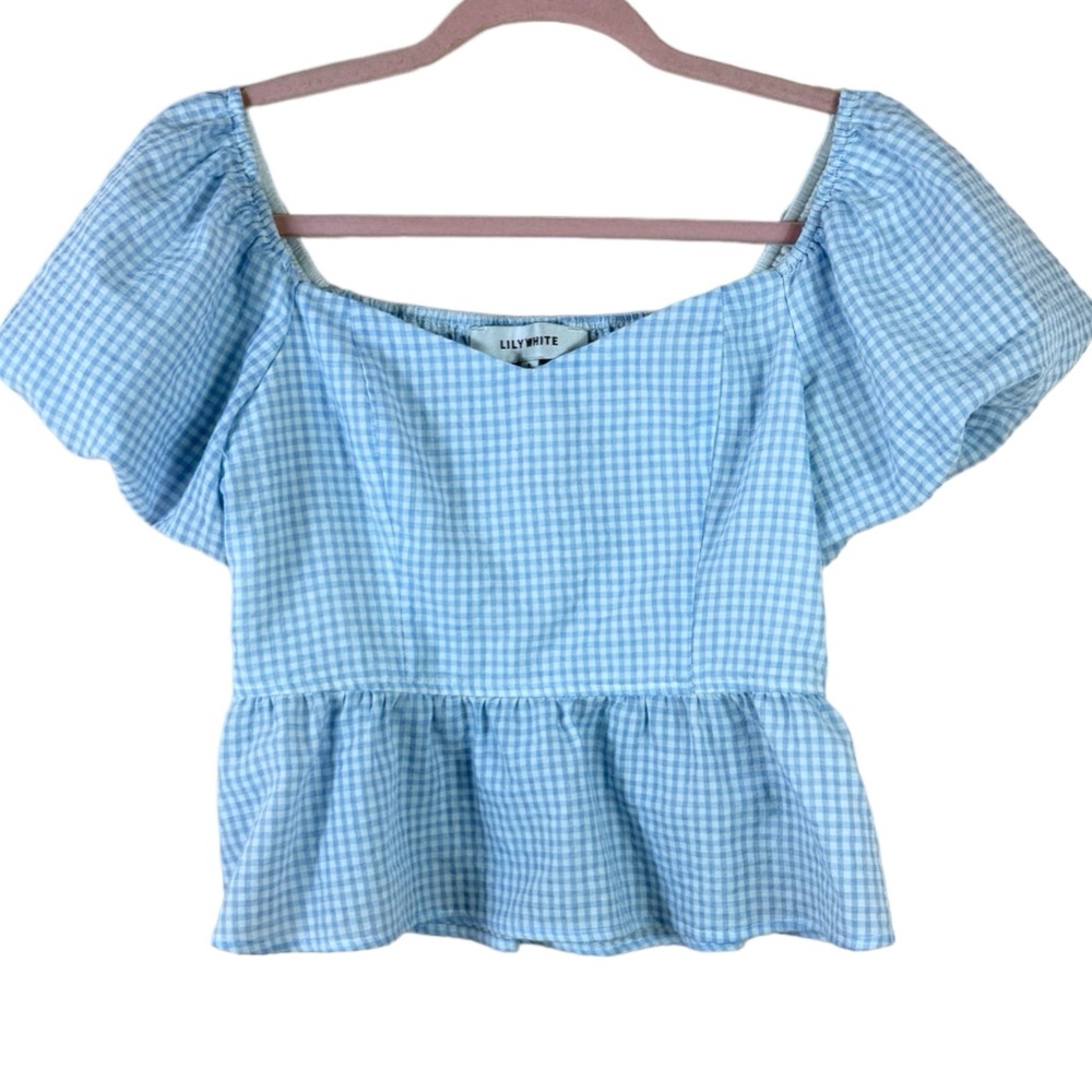 LILY WHITE womens size S blue white gingham puff sleeve cottagecore top